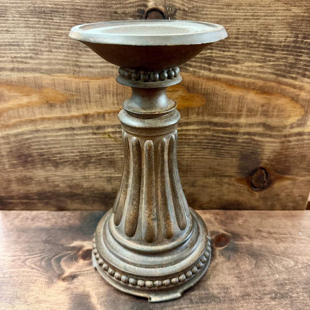 Rustic Bronze Fluted Column Metal Pillar Candle Holder Beaded Base Solid